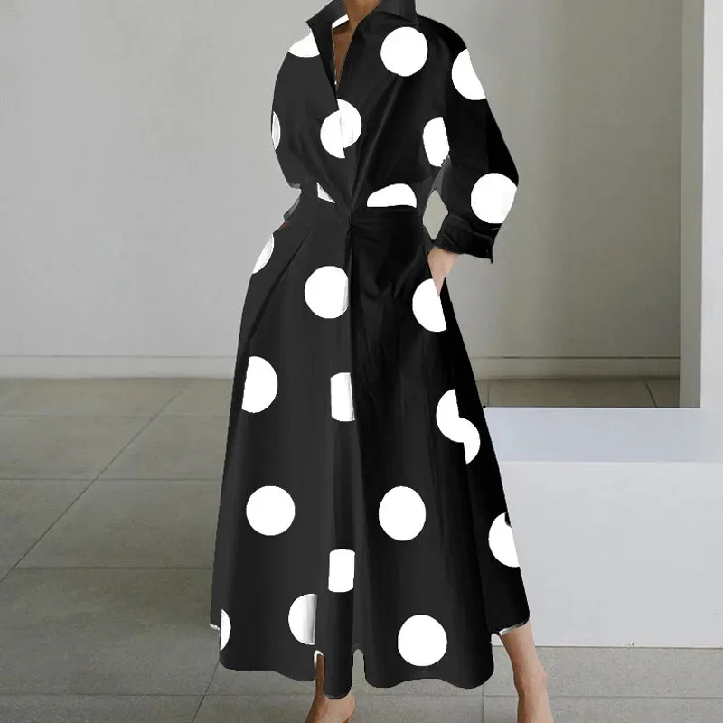 Autumn Dress Long Sleeve Dot Print Elegant Maxi Dresses For Women 2023 White Casual V Neck Shirt Party Long Dress Robe Femme