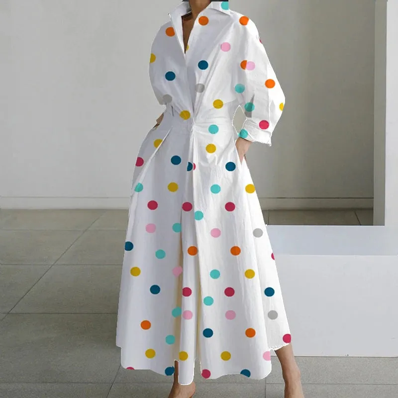 Autumn Dress Long Sleeve Dot Print Elegant Maxi Dresses For Women 2023 White Casual V Neck Shirt Party Long Dress Robe Femme