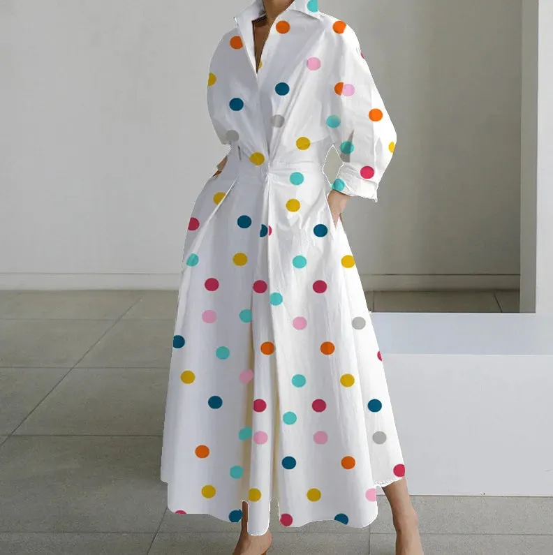 Autumn Dress Long Sleeve Dot Print Elegant Maxi Dresses For Women 2023 White Casual V Neck Shirt Party Long Dress Robe Femme