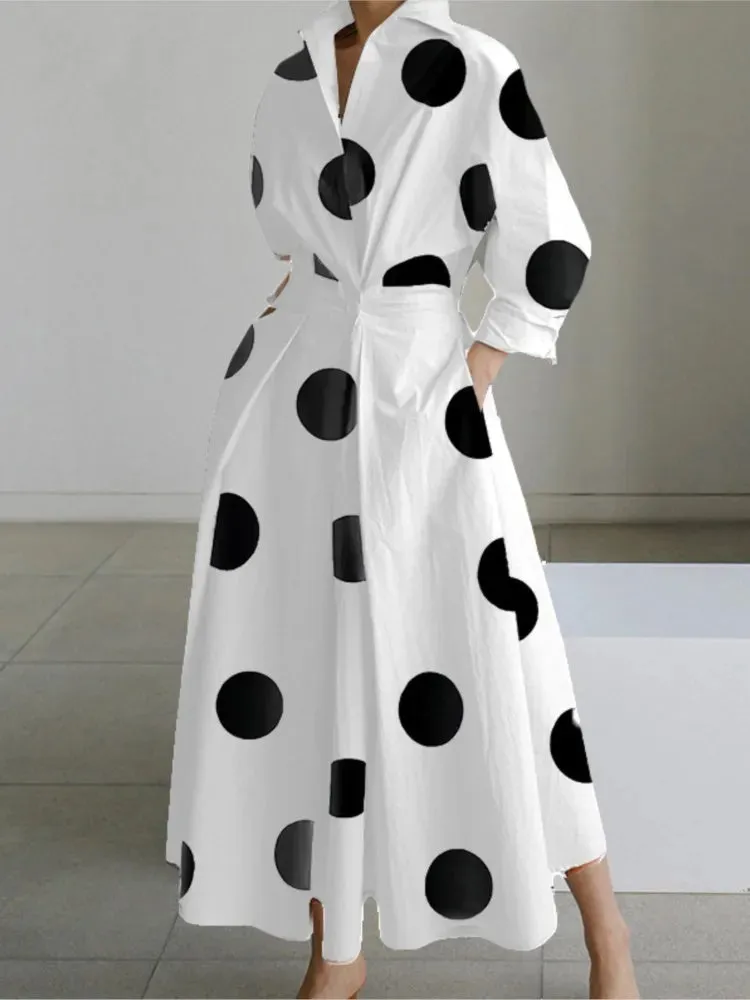 Autumn Dress Long Sleeve Dot Print Elegant Maxi Dresses For Women 2024 White Casual V Neck Shirt Party Long Dress Robe Femme