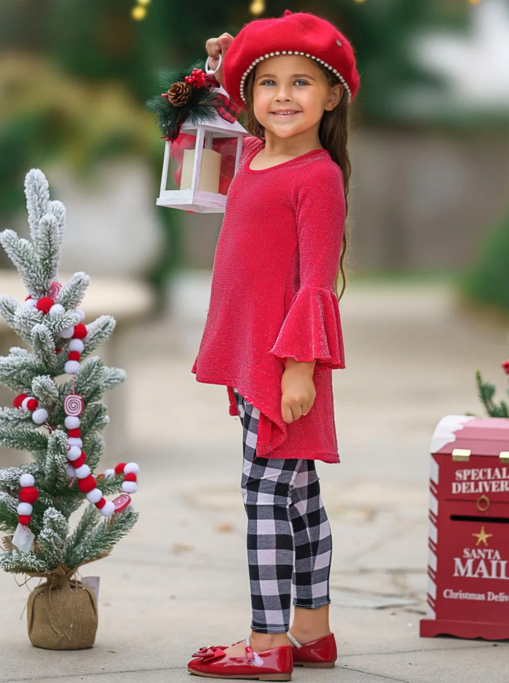 Autumn Glow Red Tunic Top And Gingham Legging Set