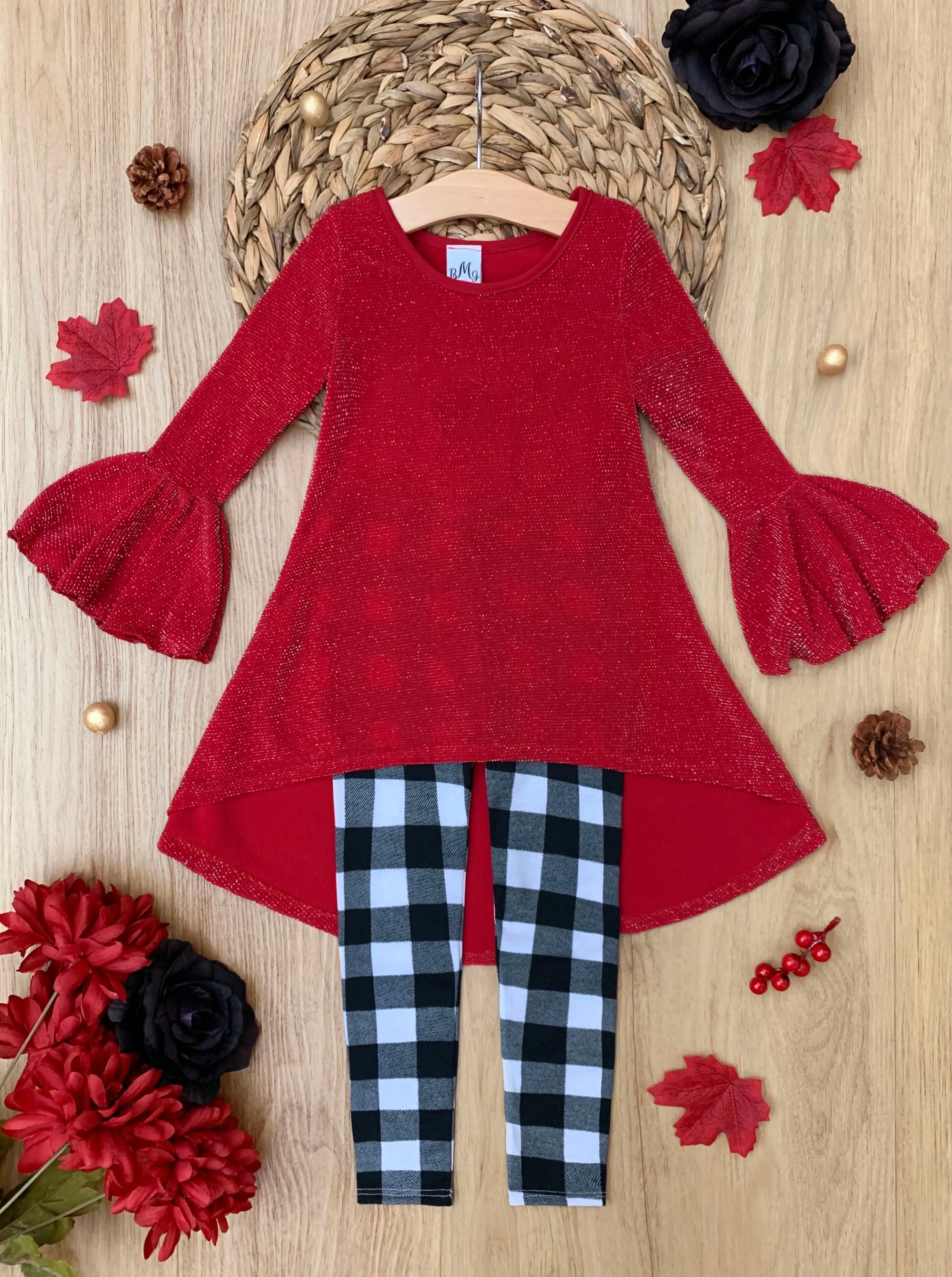 Autumn Glow Red Tunic Top And Gingham Legging Set