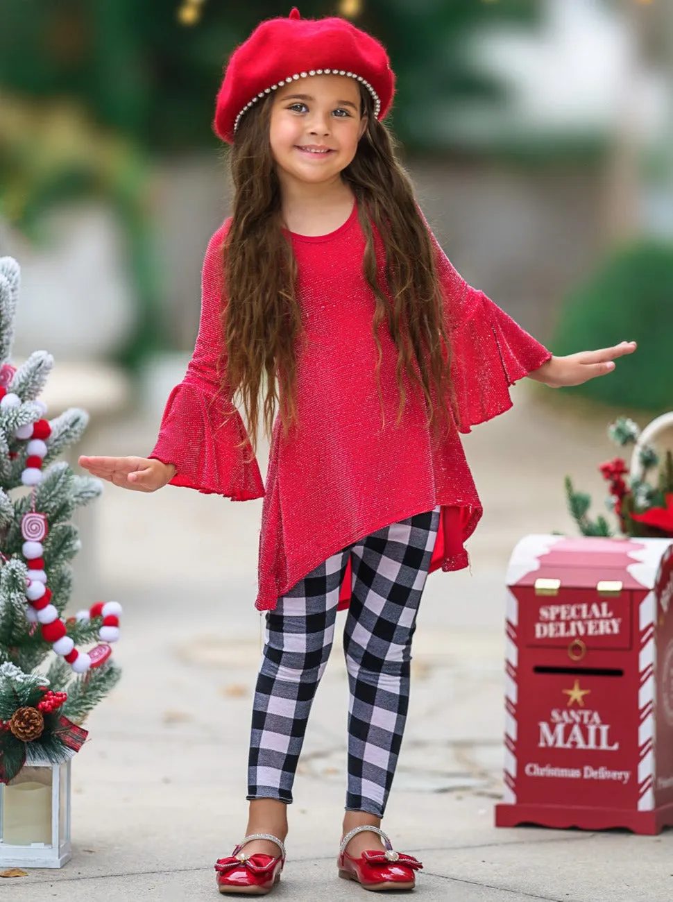 Autumn Glow Red Tunic Top And Gingham Legging Set