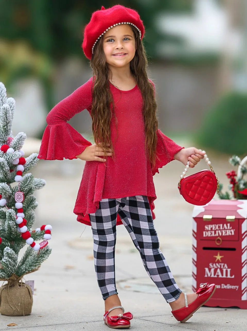 Autumn Glow Red Tunic Top And Gingham Legging Set