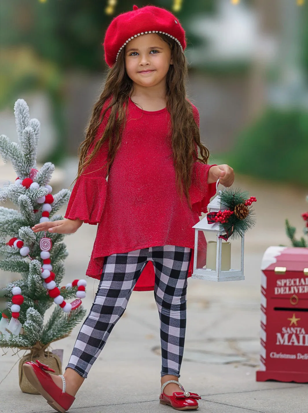 Autumn Glow Red Tunic Top And Gingham Legging Set