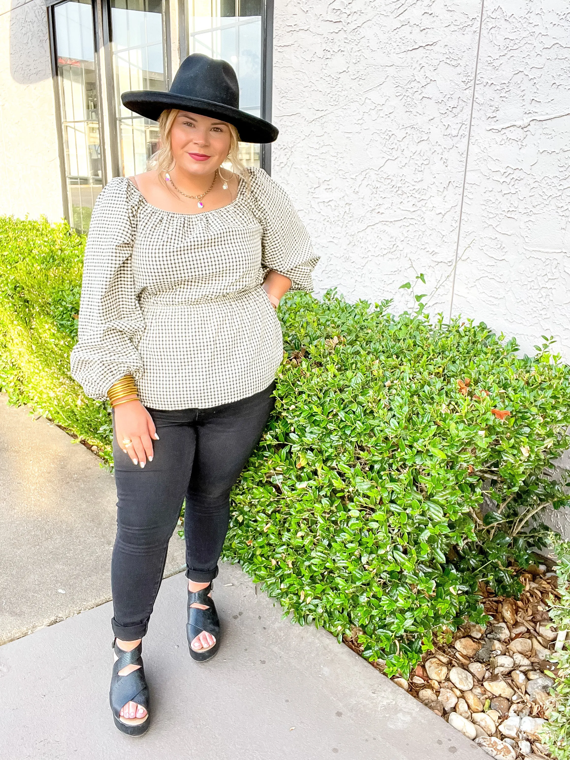 Autumn Sweetness Gingham Peplum Top with Long Sleeves in Black and Ivory