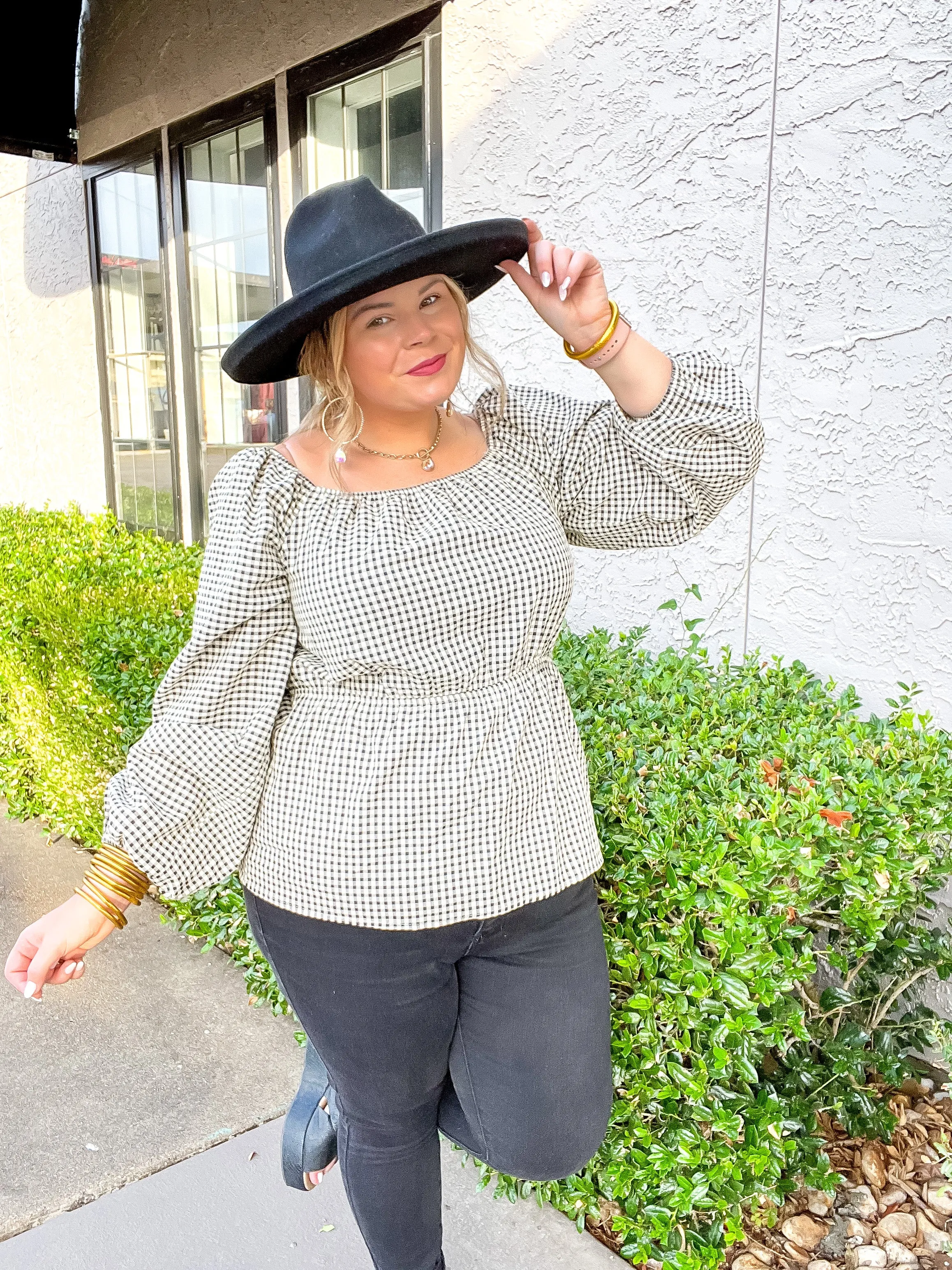 Autumn Sweetness Gingham Peplum Top with Long Sleeves in Black and Ivory