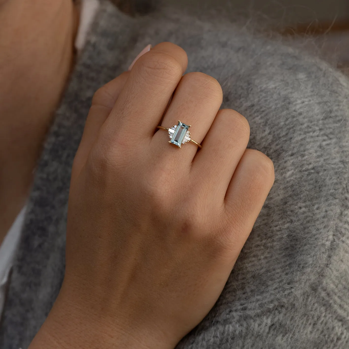 Baguette Cut Aquamarine Ring with Diamonds