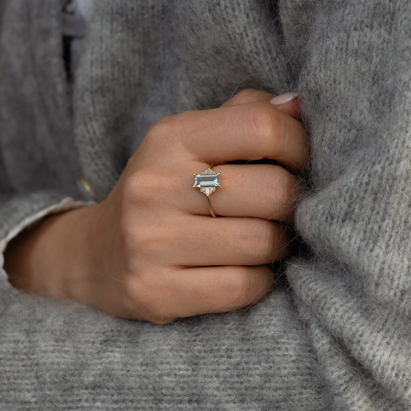 Baguette Cut Aquamarine Ring with Diamonds