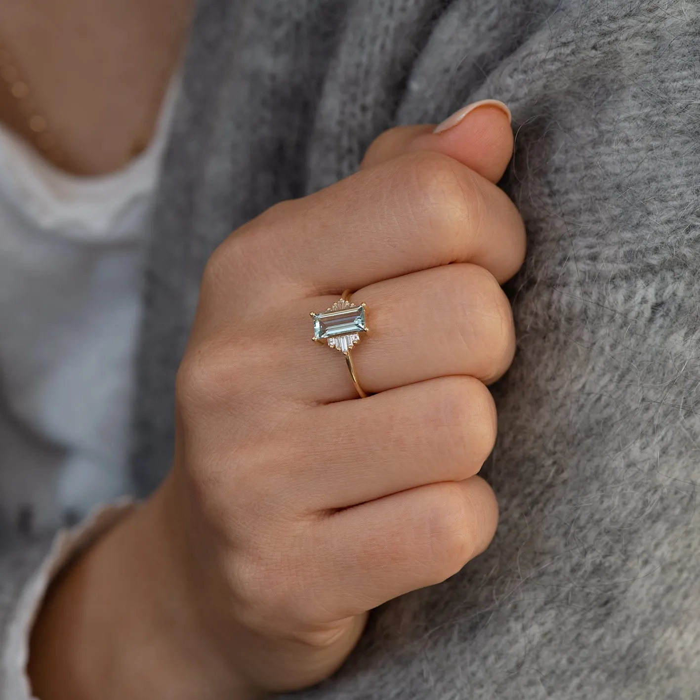 Baguette Cut Aquamarine Ring with Diamonds