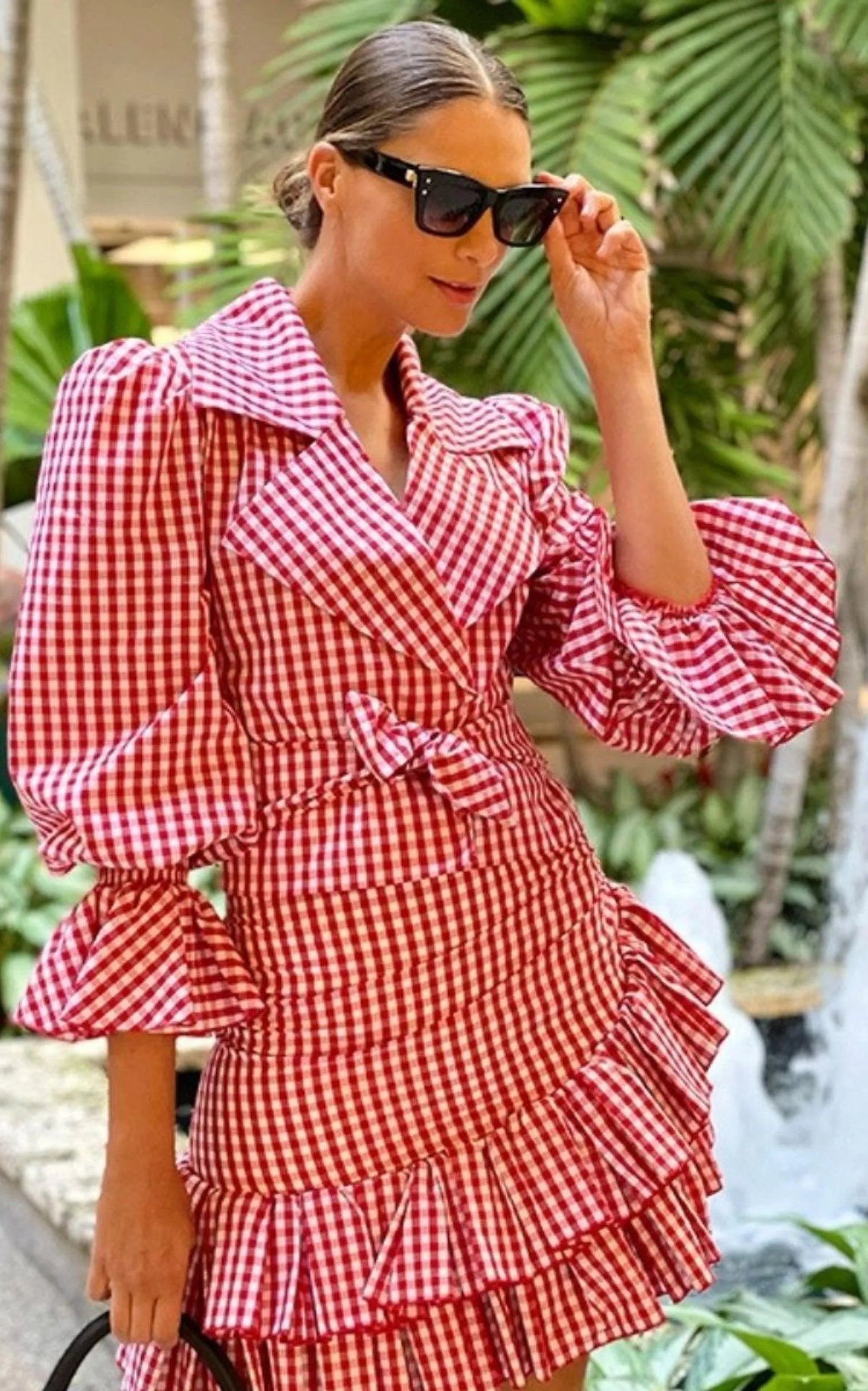 Balloon-Sleeve Gingham Blouse