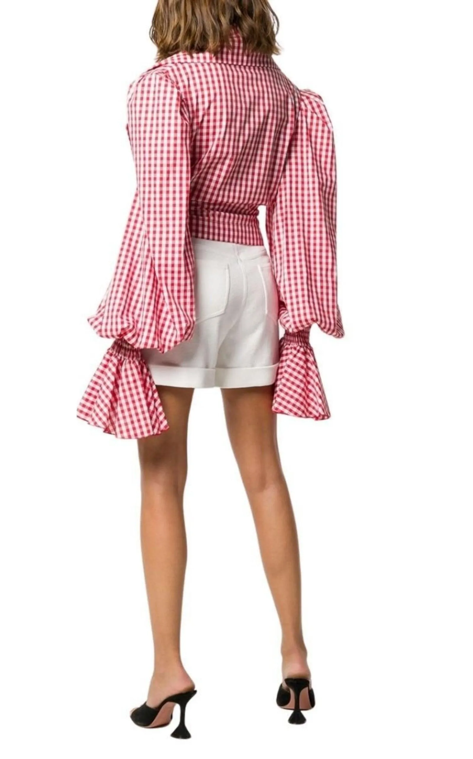 Balloon-Sleeve Gingham Blouse