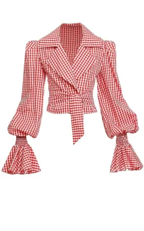 Balloon-Sleeve Gingham Blouse