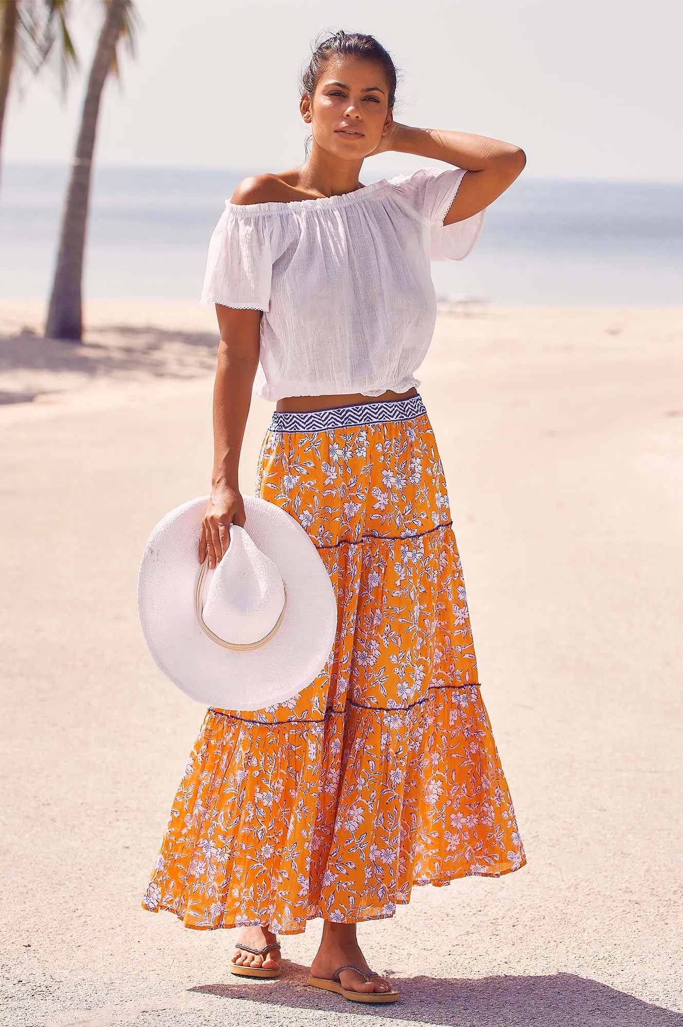 Becks Block Print Skirt | Japanese Flower Orange/Cobalt