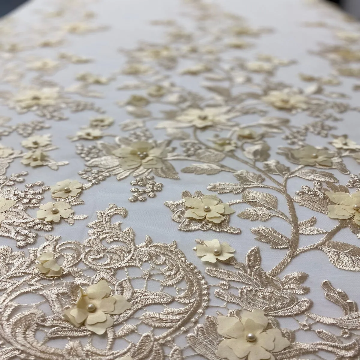 Beige 3D Embroidered Satin Floral Pearl Lace Fabric