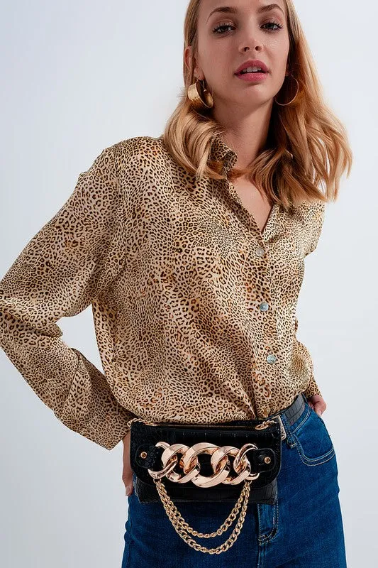 BEIGE SATIN ANIMAL PRINT Button Up