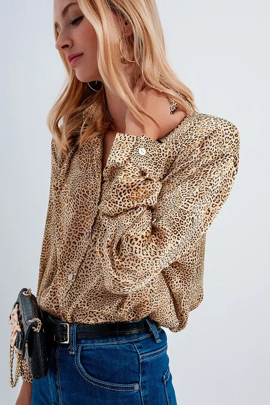 BEIGE SATIN ANIMAL PRINT Button Up