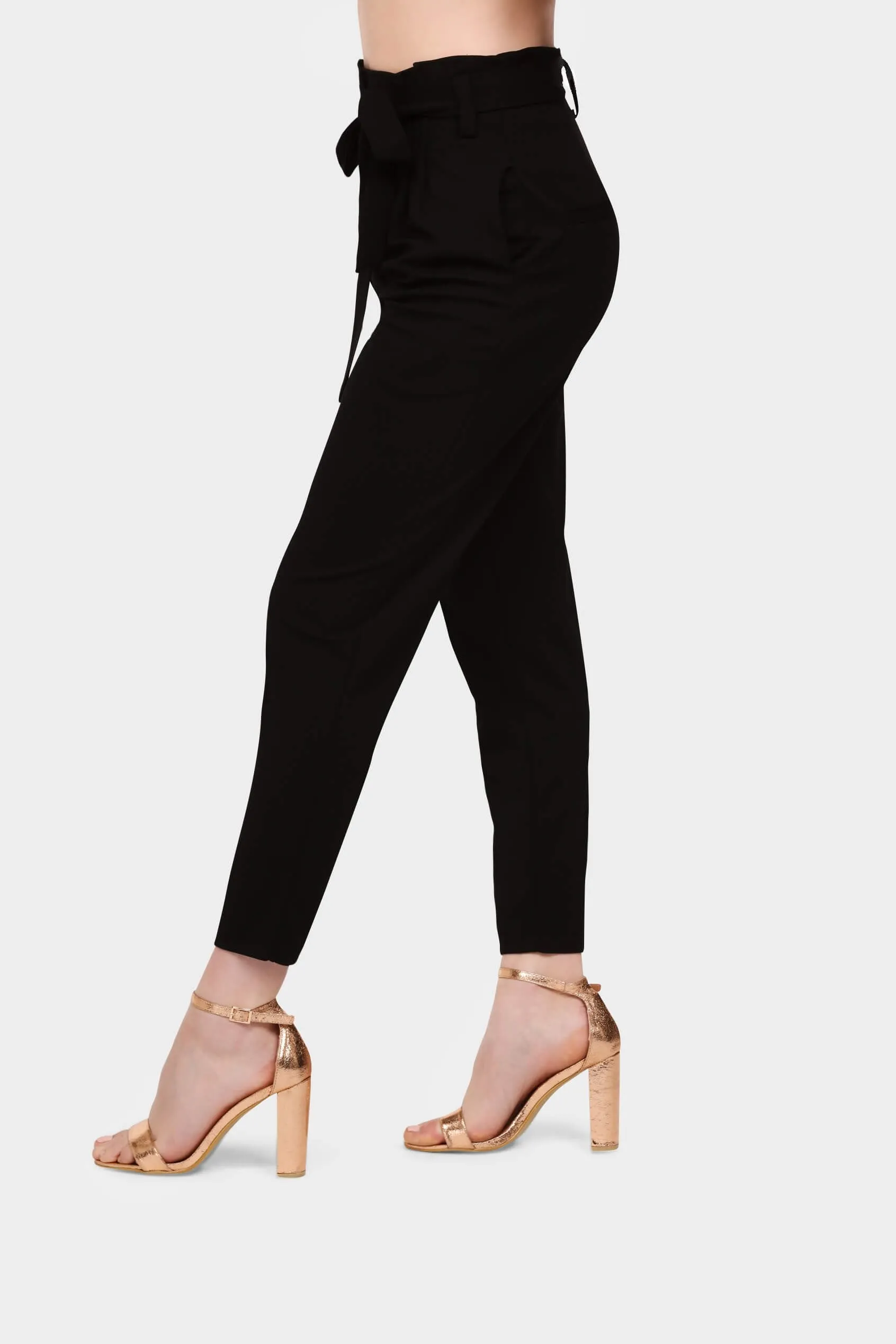 Black High Waisted Pleated Trousers With Tie Waist