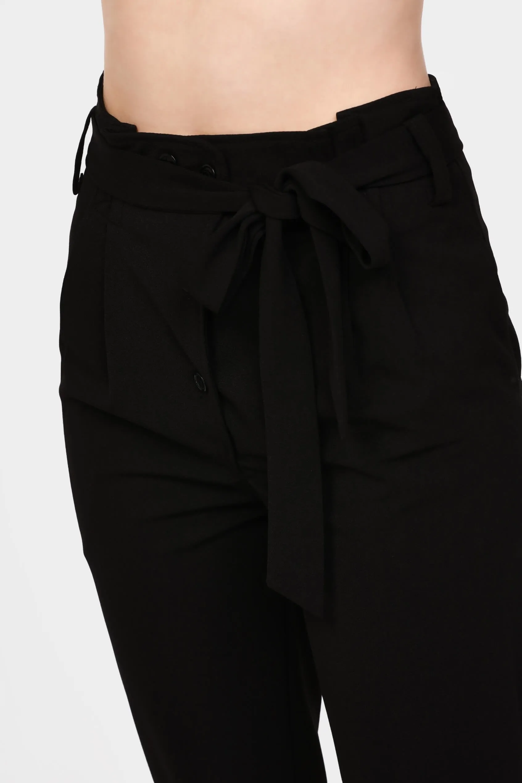 Black High Waisted Pleated Trousers With Tie Waist