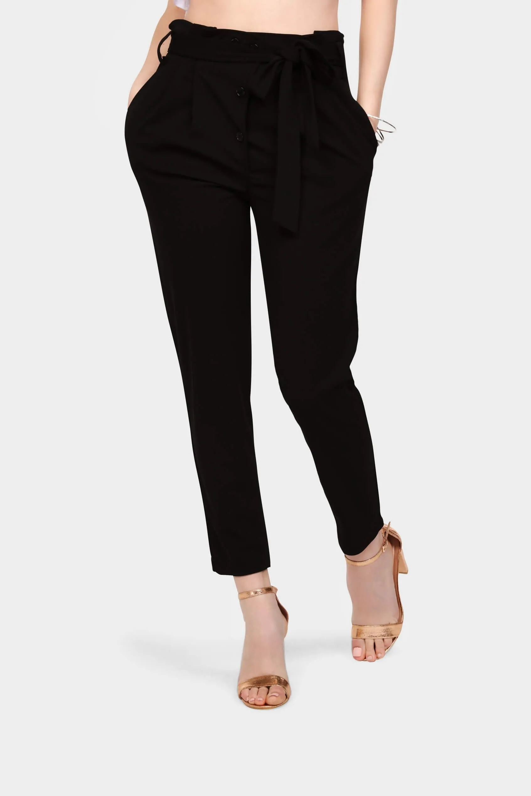 Black High Waisted Pleated Trousers With Tie Waist