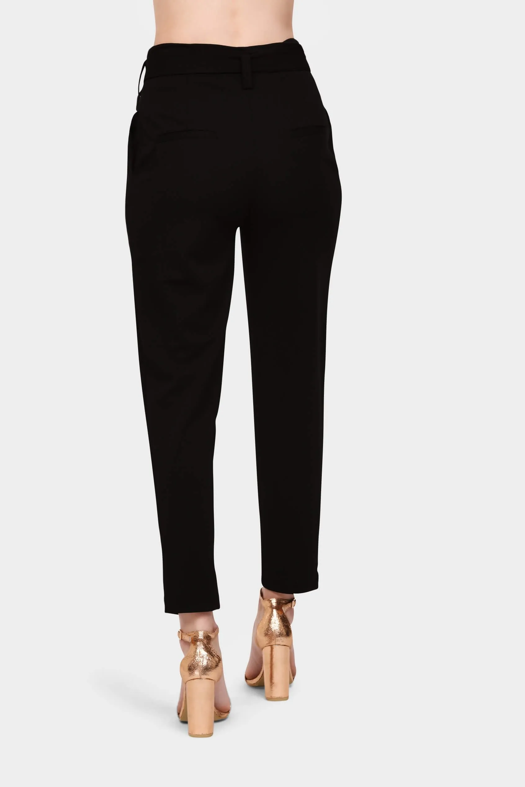 Black High Waisted Pleated Trousers With Tie Waist