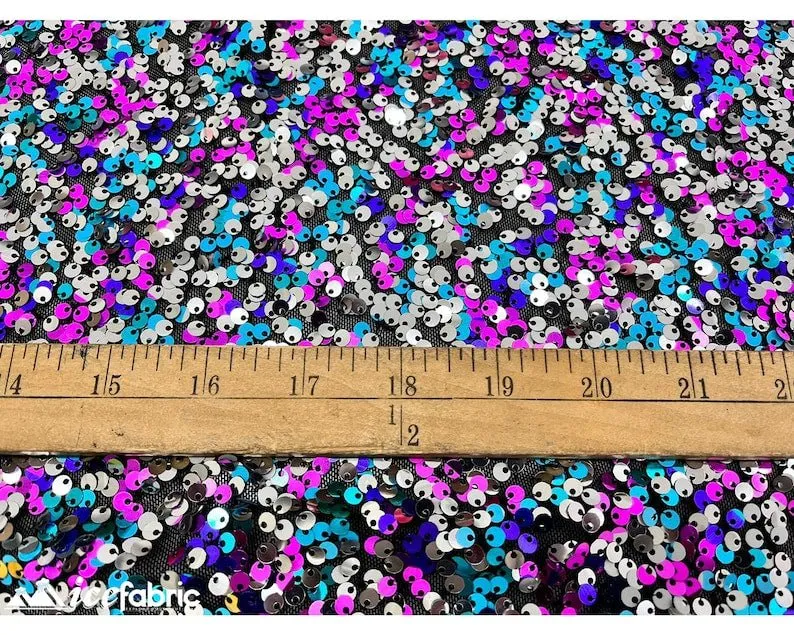 Blue Magenta and Silver 3 Tone 4 Way Stretch Sequin Fabric on Black Mesh Lace