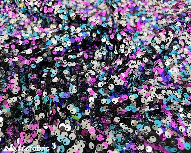 Blue Magenta and Silver 3 Tone 4 Way Stretch Sequin Fabric on Black Mesh Lace