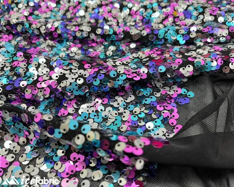 Blue Magenta and Silver 3 Tone 4 Way Stretch Sequin Fabric on Black Mesh Lace