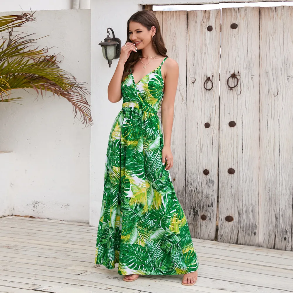 Bohemian Print Sexy V-Neck Straps Slim Maxi Dress Wholesale Dresses