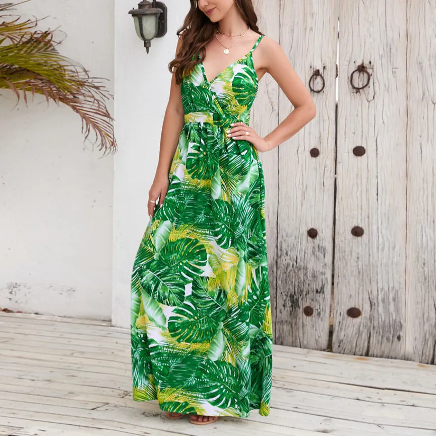 Bohemian Print Sexy V-Neck Straps Slim Maxi Dress Wholesale Dresses