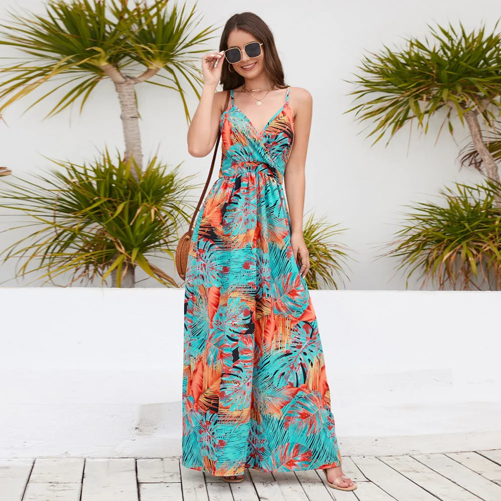 Bohemian Print Sexy V-Neck Straps Slim Maxi Dress Wholesale Dresses