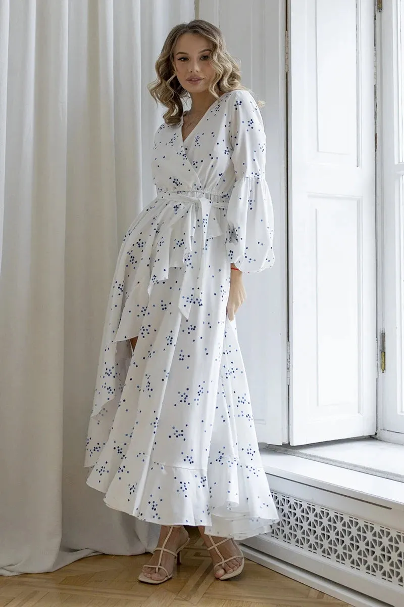 Boho Slit White Polka Dot Beach Dress Elegant Lined Long Sleeve Chiffon Dresses Bandage Sexy Summer Long Dresses For Women 2024