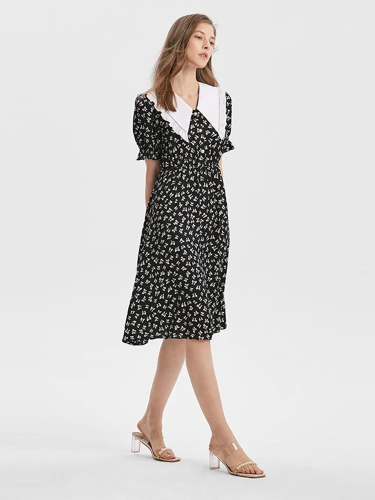 Bowknot Printed Ruffle Midi Collared Dress