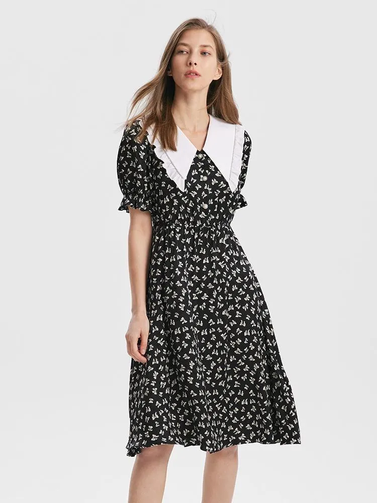 Bowknot Printed Ruffle Midi Collared Dress