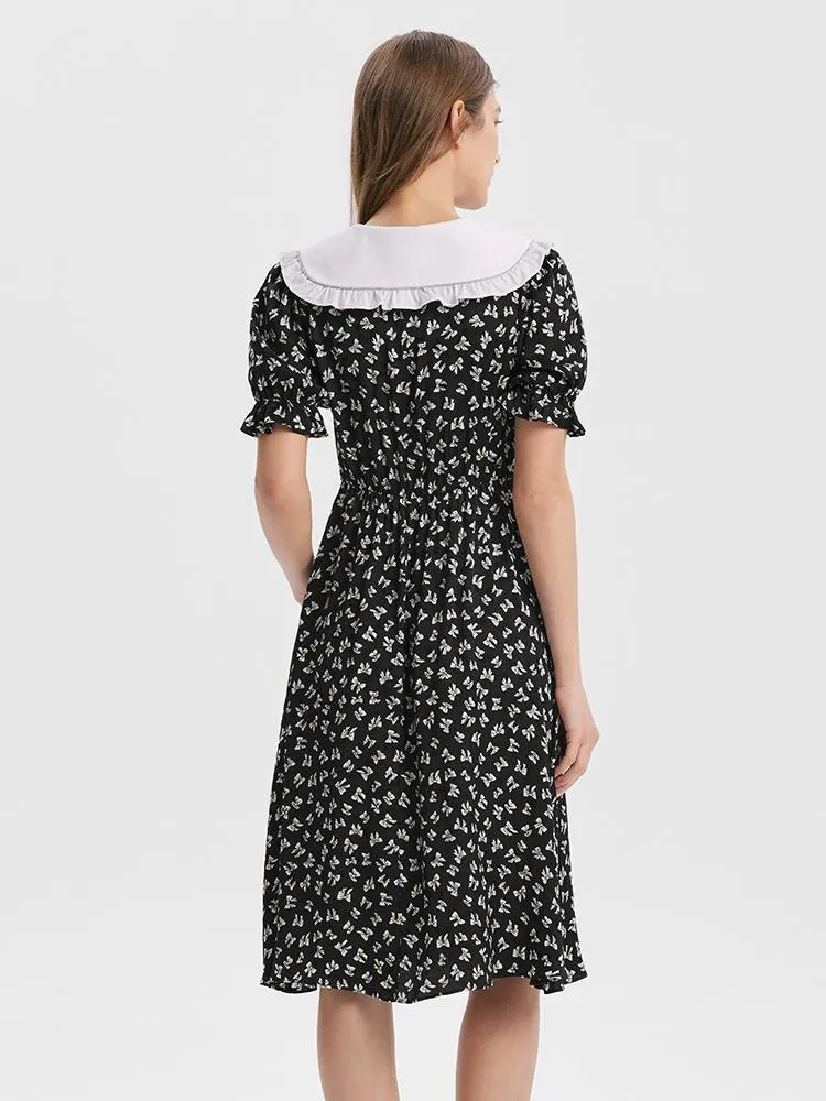 Bowknot Printed Ruffle Midi Collared Dress