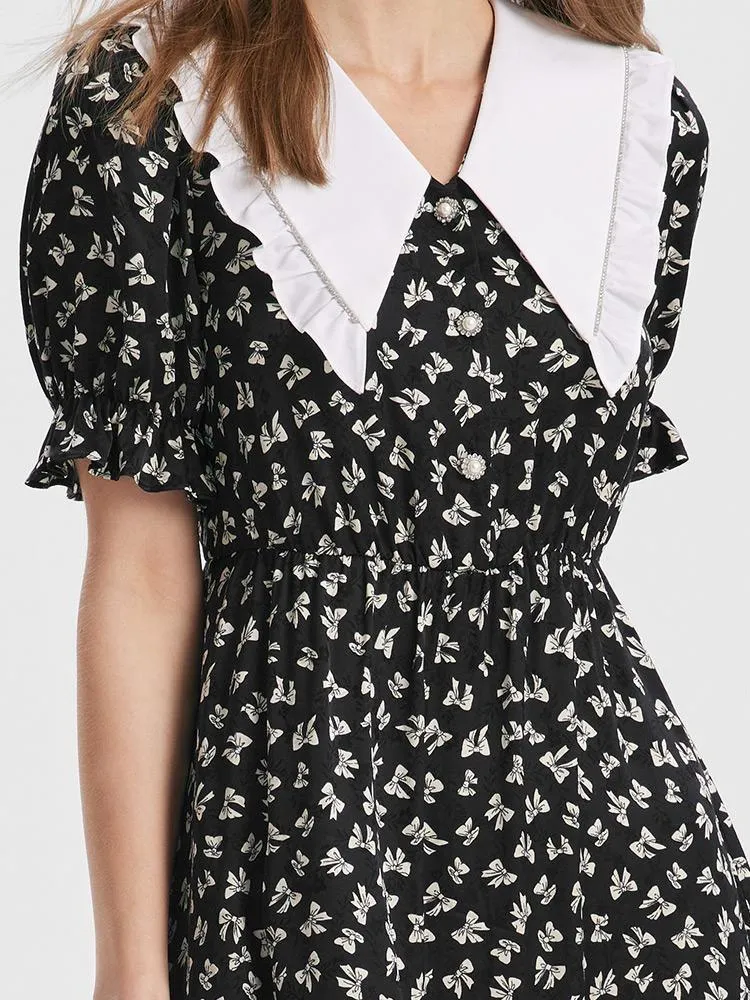 Bowknot Printed Ruffle Midi Collared Dress