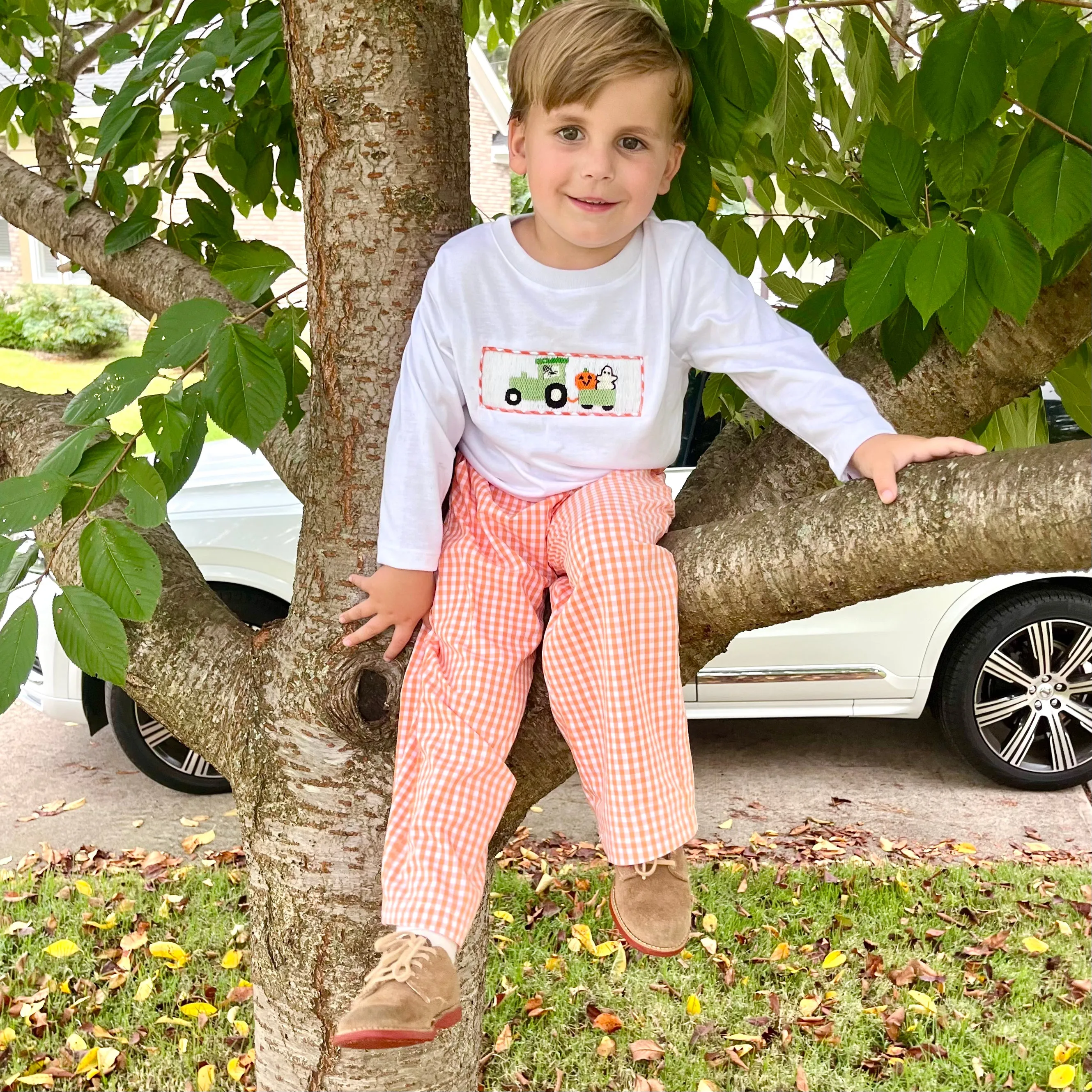 Boy's Pants in Orange Gingham with Pockets