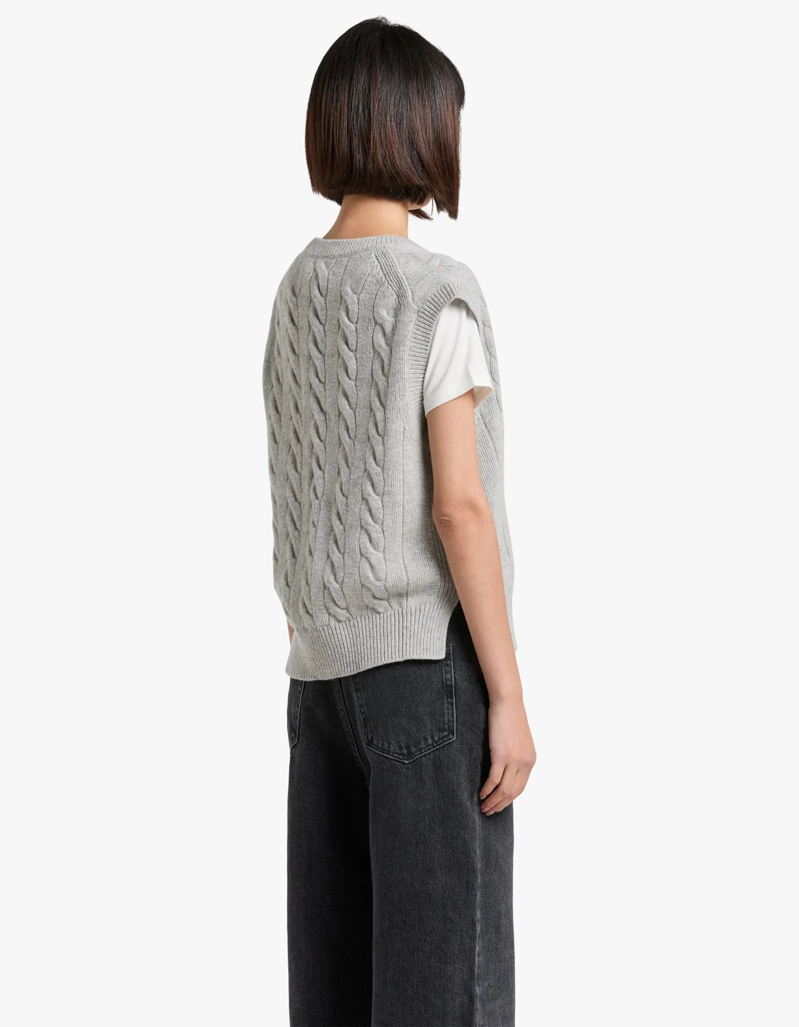 Cable V-Neck Sleeveless Vest - Soft Grey Melange