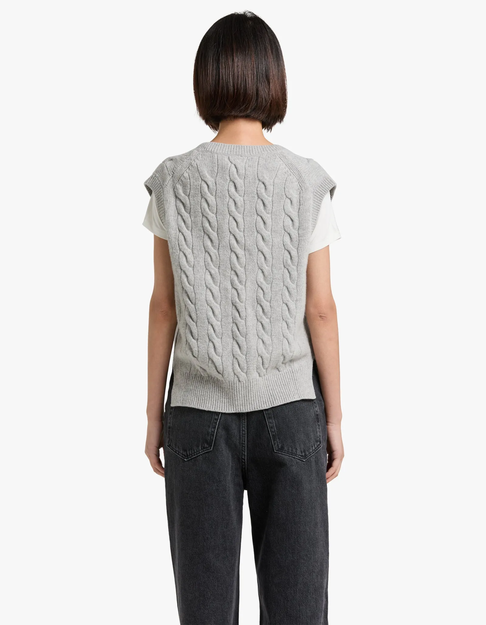 Cable V-Neck Sleeveless Vest - Soft Grey Melange