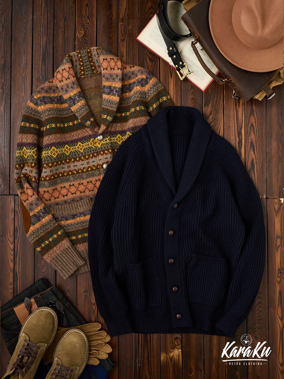 Casual Navy Wool Shawl Collar Sweater