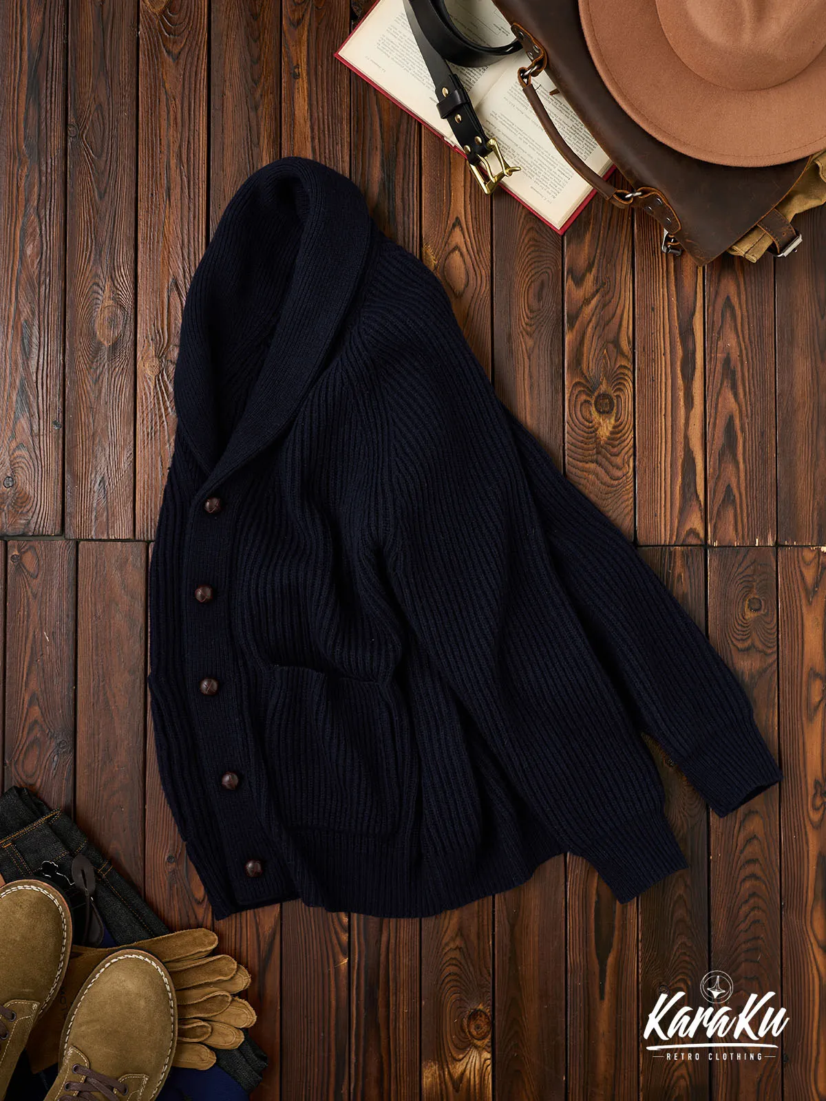 Casual Navy Wool Shawl Collar Sweater