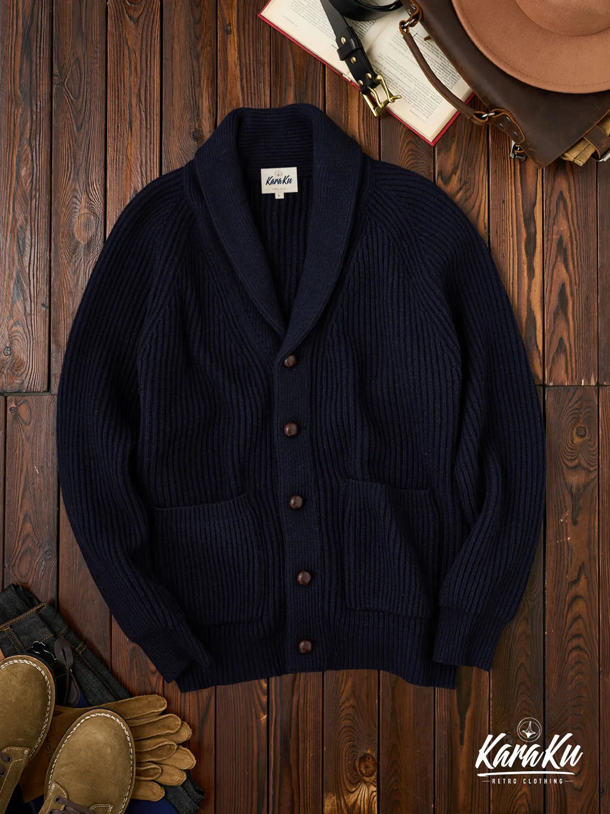 Casual Navy Wool Shawl Collar Sweater