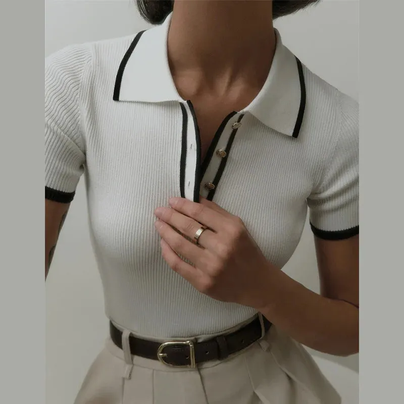 Casual Women's Sweater Short Sleeve Contrast Button Polo Collar Slim Knitwear 2024 Fall Winter New Lady All-match Pullovers Tops