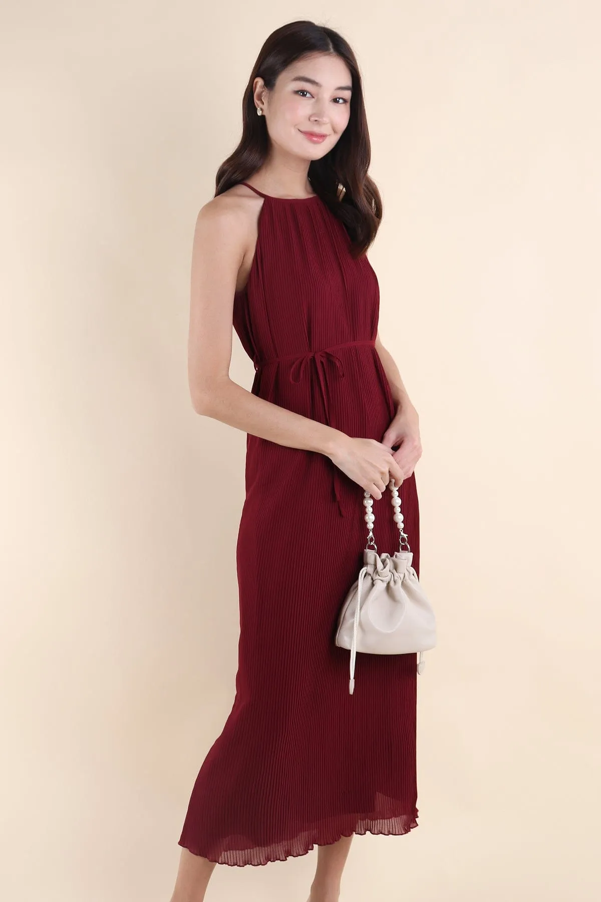 CELIA PLEATED MAXI IN BURGUNDY RED