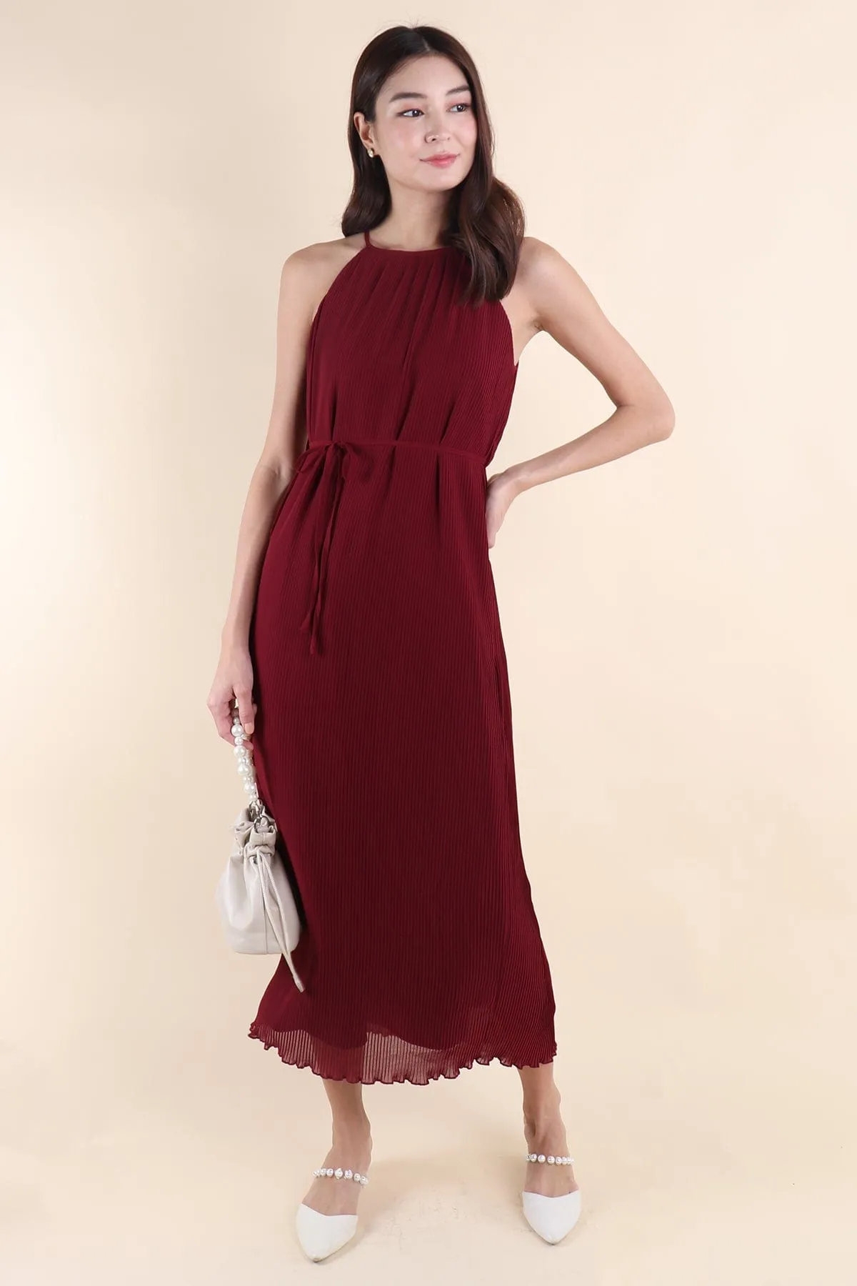 CELIA PLEATED MAXI IN BURGUNDY RED