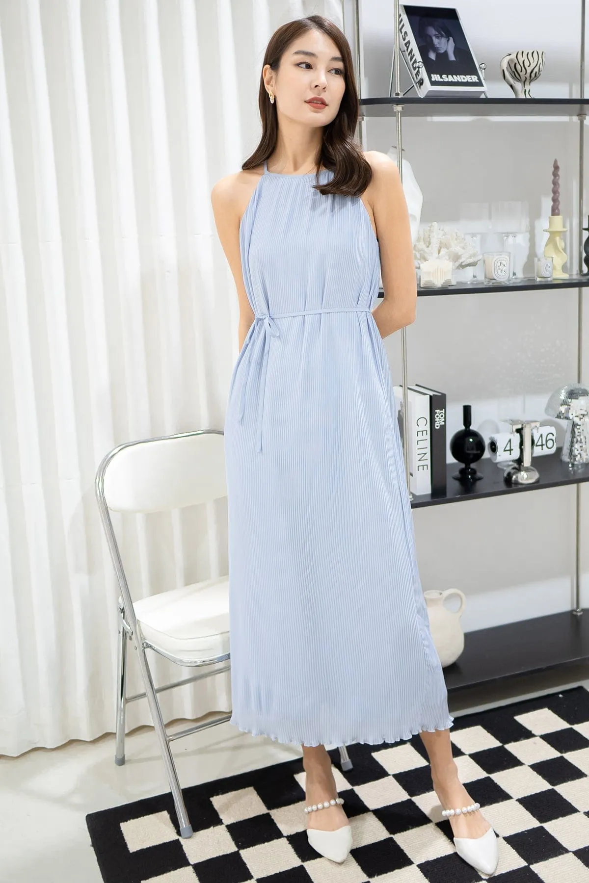 CELIA PLEATED MAXI IN DUSTY BLUE