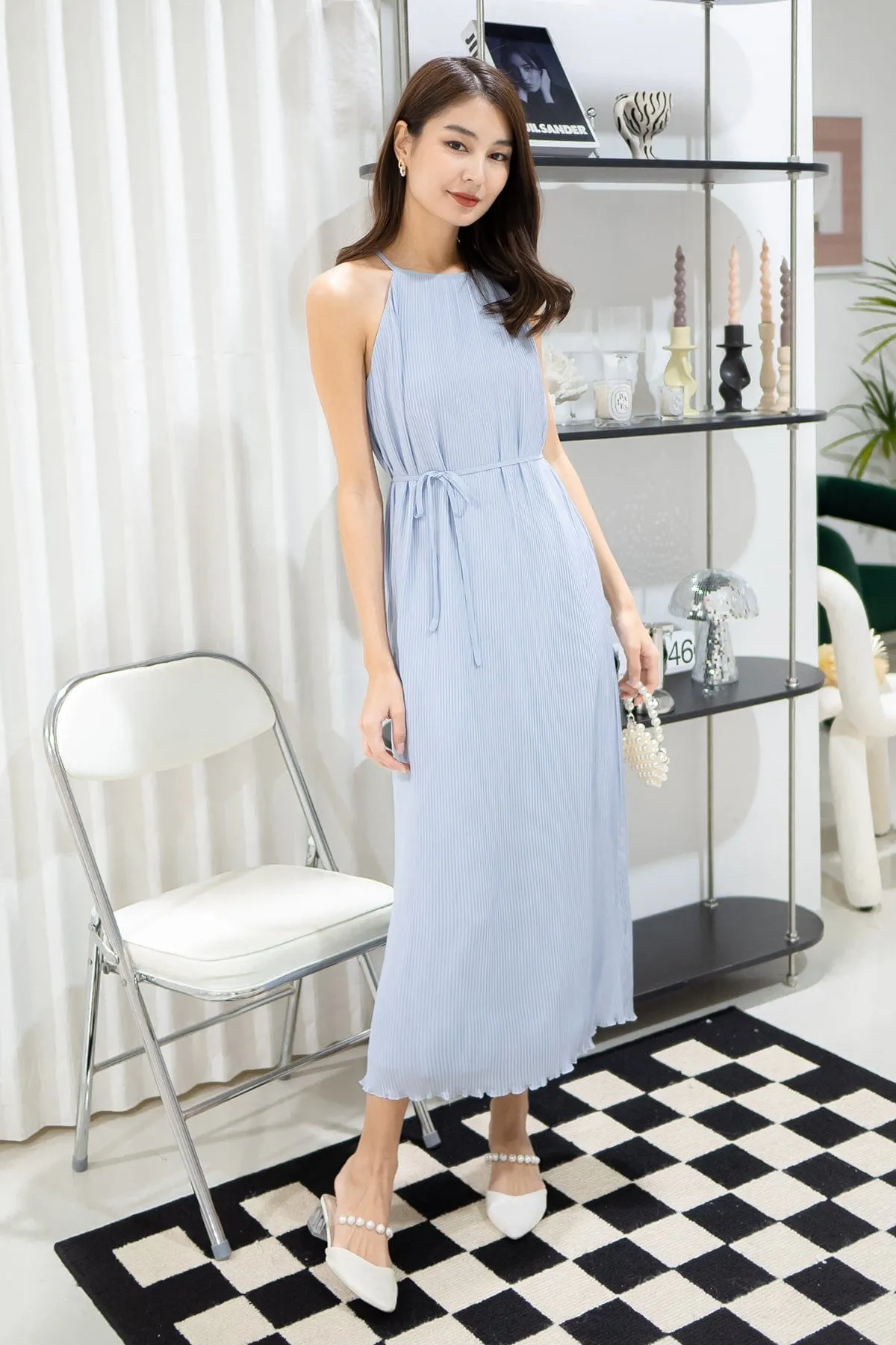 CELIA PLEATED MAXI IN DUSTY BLUE