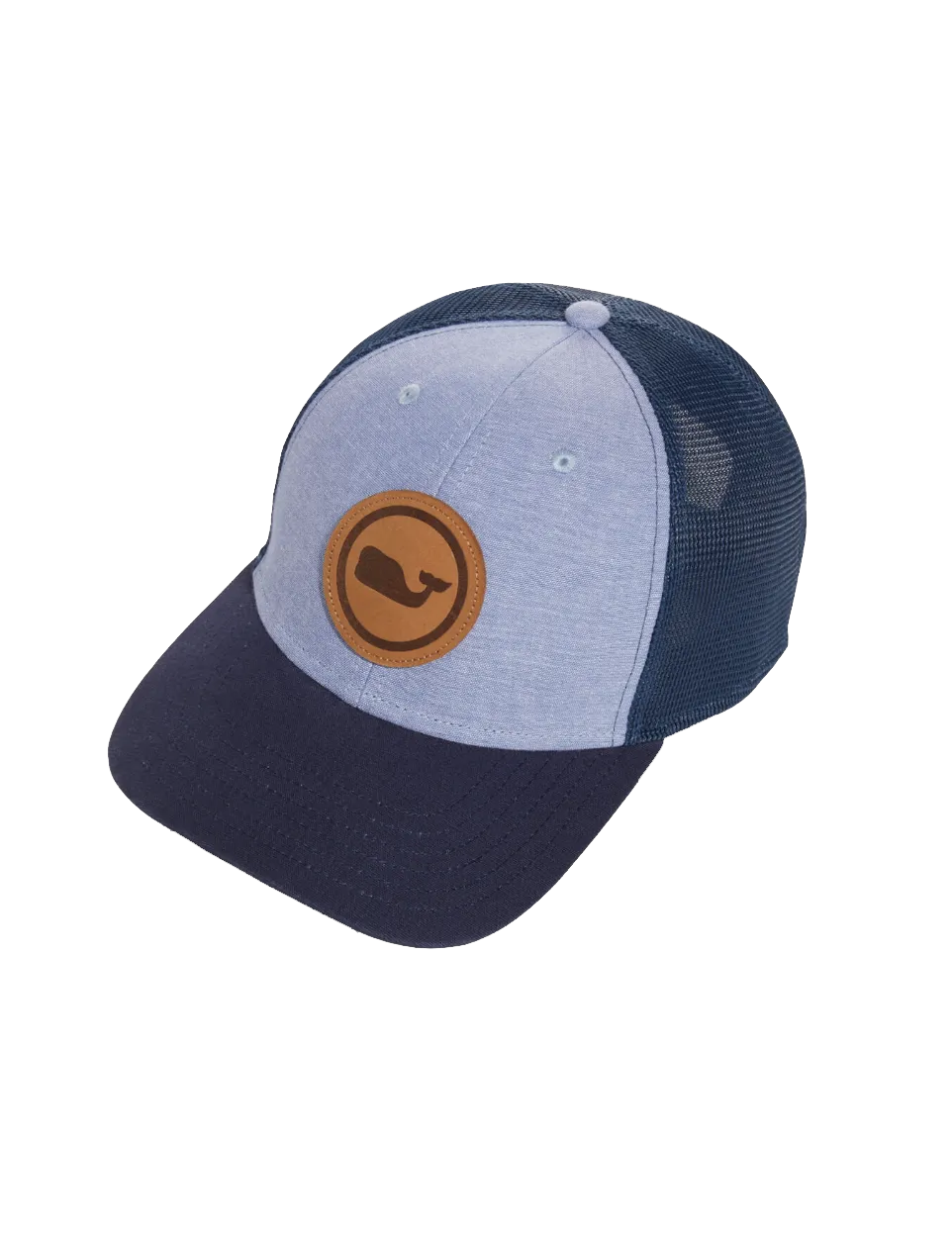 Chambray Leather Patch Trucker Hat Vineyard Navy