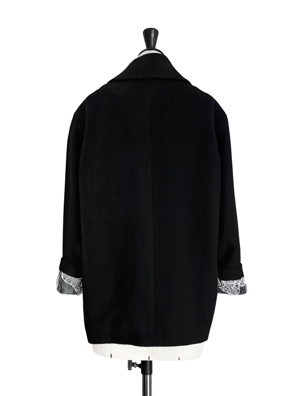 Classic Black Drop Shoulder Relaxed Fit Ruffle Trimmed Wool Blazer