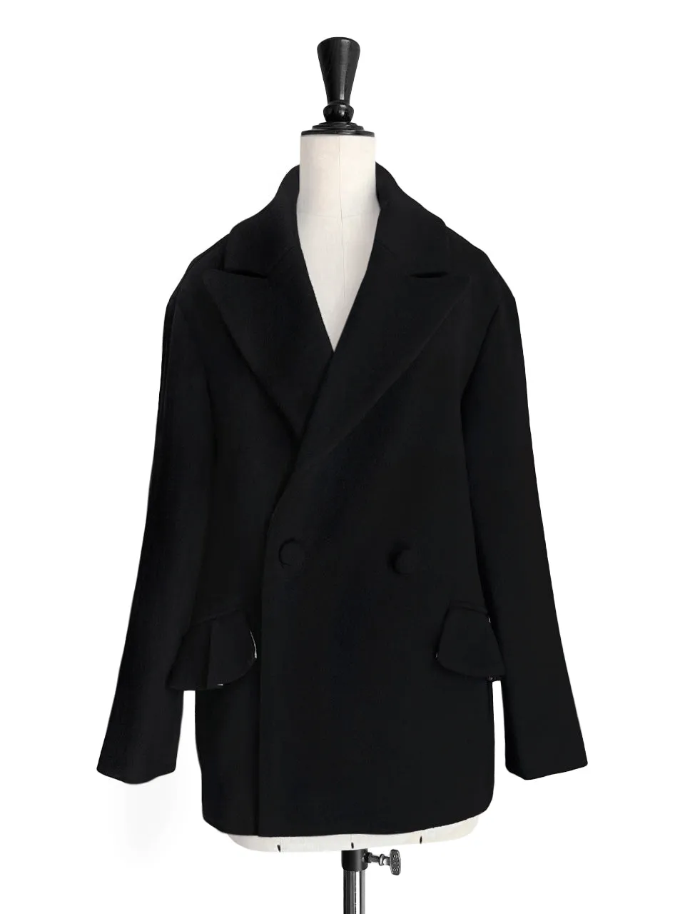 Classic Black Drop Shoulder Relaxed Fit Ruffle Trimmed Wool Blazer